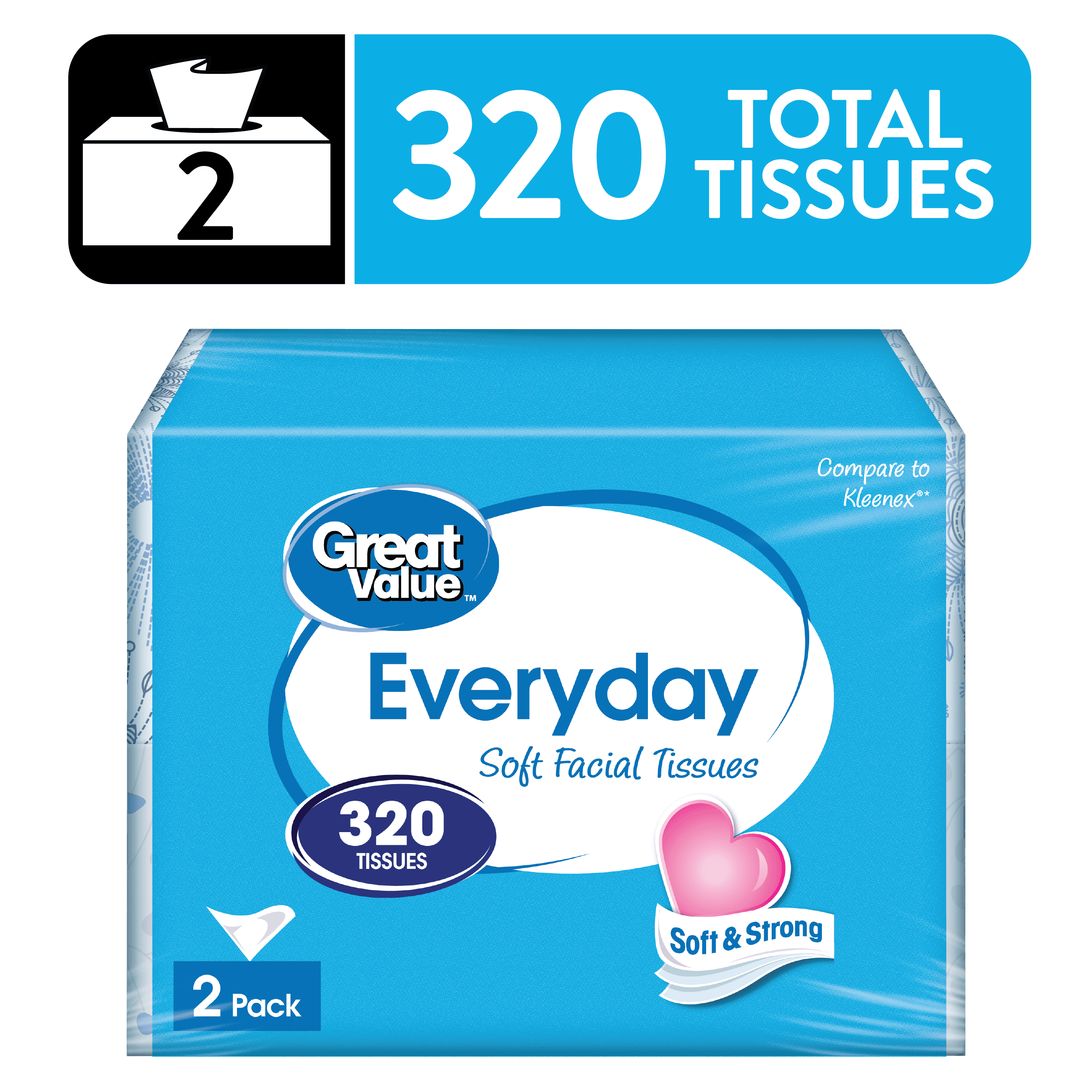 Great Value Everyday Soft Facial Tissues, 2 Flat Cartons, 160 Tissues per Flat, 2-Ply, Compare to Kleenex®