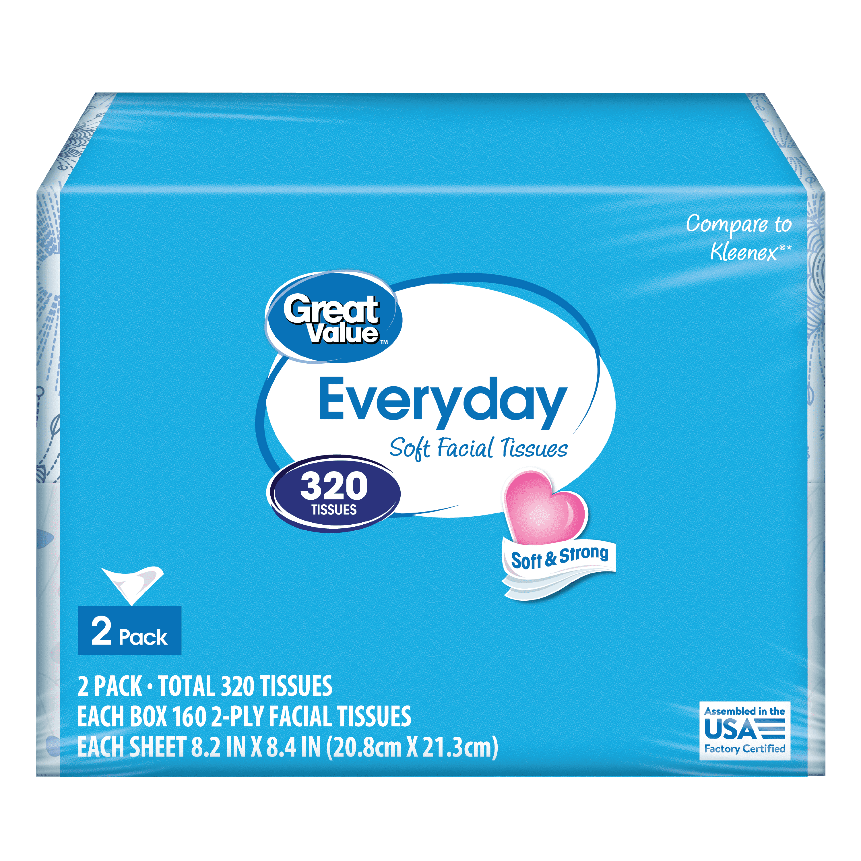 Great Value Everyday Soft Facial Tissues, 2 Flat Cartons, 160 Tissues per Flat, 2-Ply, Compare to Kleenex®